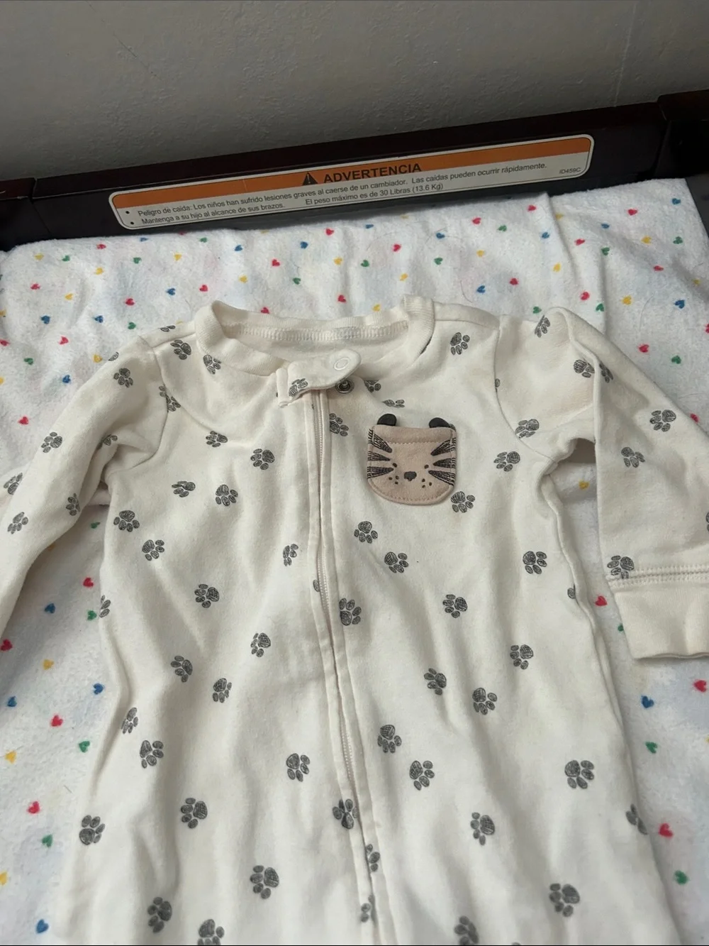 Carter's Cream Footed One-Piece with Gray Paw Prints and Kitty Patch